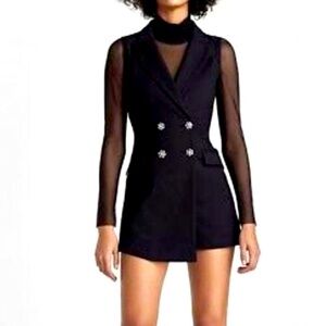 Zara - Tuxedo Sleeveless Lace Rhinestone Flower Button Short Romper Medium